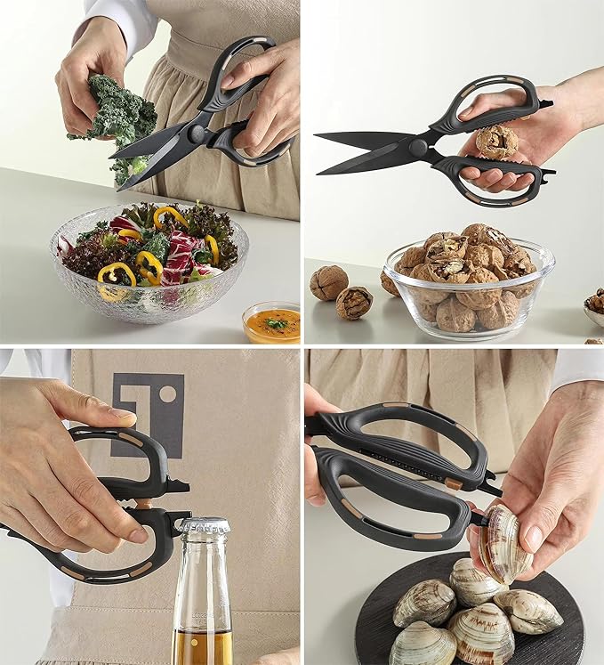 Kitchen Shears Scissors Food Scissors, 8-in-1 Multifunction Japanese Stainless Steel Meat Shears, Dishwasher Safe Sharp Shear All Purpose with Comfort Grip, Ideal for Everyday Use-Black