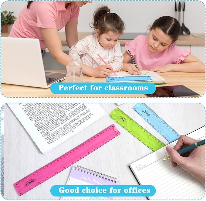 Grevosea 3 PCS Flexible Ruler, 12 Inch Clear Plastic Ruler Soft Bendable Rulers with Centimeters and Inches for Kids and Adults School Classroom Office Supplies (Rose, Green, Blue)