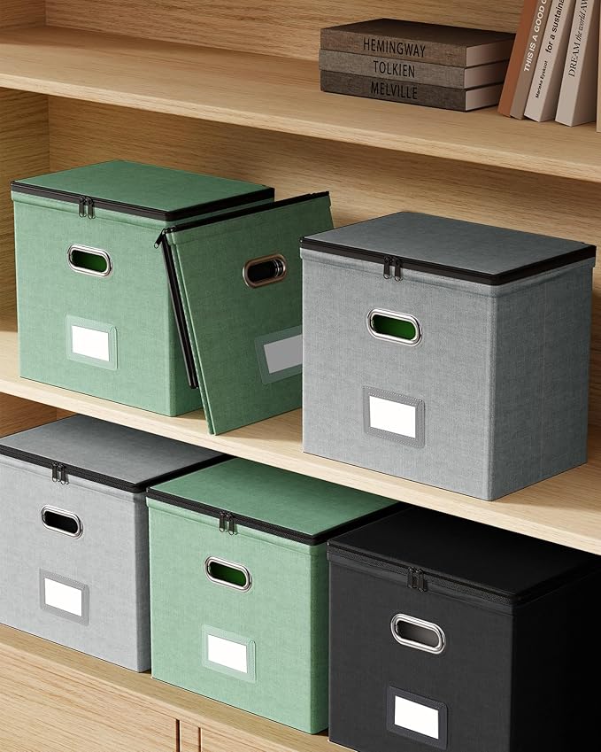 Oterri 2 Pack File Organizer Boxes with Lids, File Box with Mesh Pockets, Document Organizer Box for File Folders Letter Size, Zippers Filing Box for Home, Office, School (Grey, Without Folders)