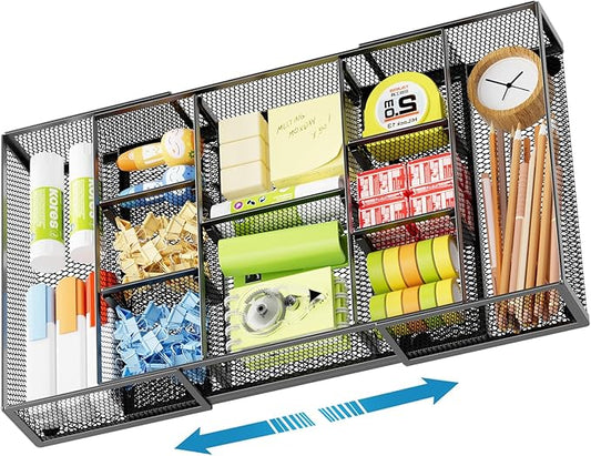 Marbrasse Expandable Desk Drawer Organizer, Mesh Drawer Organizer Tray with 10 Adjustable Compartments, Desk Organizers and Accessories for Office Supplies (Longer Expandable Drawer Organizer-B)