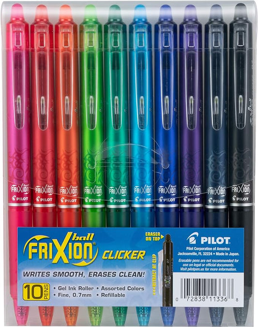 Pilot FriXion Erasable Gel Pens, Fine Point 0.7 mm Erasable Pens, Pack of 10 Assorted Colors