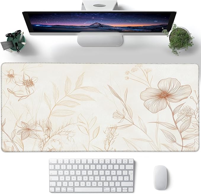 Desk Pad, Vintage Boho Line Botanical Floral XXL Gaming Mouse Pad with Stitched Edges,Non-Slip Waterproof Rubber Base Large Desk Mat for Keyboard and Mouse 35.4"x15.7"