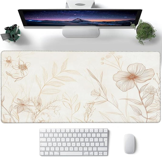 Desk Pad, Vintage Boho Line Botanical Floral XL Gaming Mouse Pad with Stitched Edges,Non-Slip Waterproof Rubber Base Large Desk Mat for Keyboard and Mouse 31.5"x11.8"