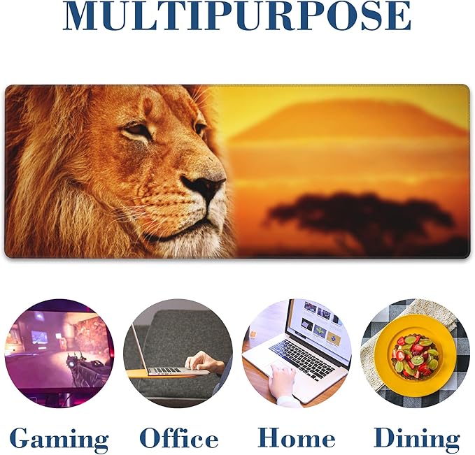 Lion at Sunset Mouse Pad Desk Mat XL Large Gaming Mousepad Extended Computer Keyboard Mat with Non-Slip Rubber Base and Stitched Edge 11.8 x 31.5 Inch for Gaming and Office Work