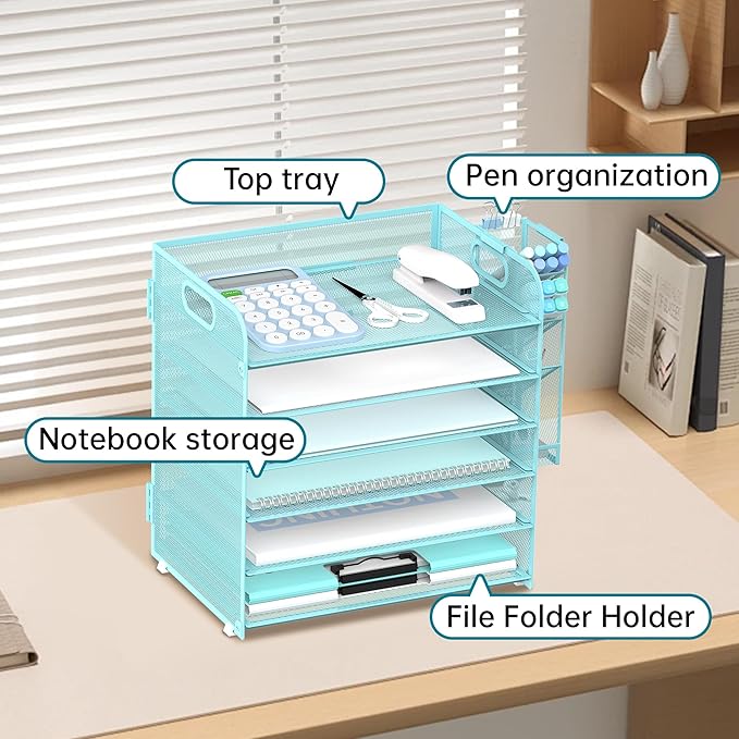 SUPEASY 6 Tier Paper Organizer with 4 Pen Holders, Mesh Letter Tray with Handle, A4 File Organizer, Blue