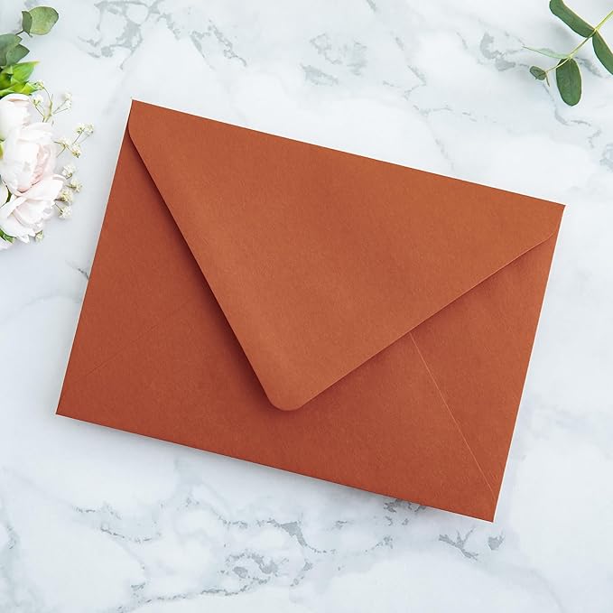 PONATIA 50PCS A7 Euro Flap Envelopes, 5.25 x 7.25'' Burnt Orange Flowers Liner Envelopes for 5x7 Wedding Invitations, Photos, Postcards, Greeting Cards, Christmas Gift Cards, Acrylic Mailing