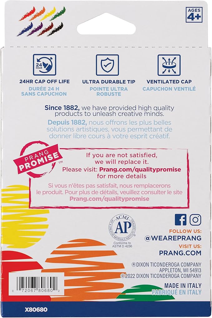 Prang Classic Art Markers, Washable, Bullet Tip, Assorted Colors, 8 Count