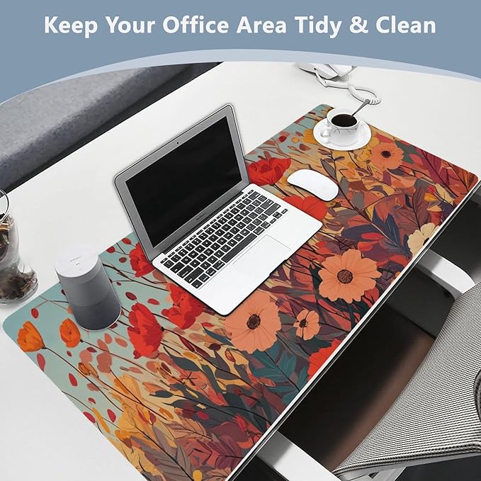 Mouse Pad Desk Mat Leather Desk Pad Large Gaming Desk Cover Protector Mat for Keyboard Computer Laptop Office Waterproof 47.2 x 23.6 Inch Autumn Poppy Flowers