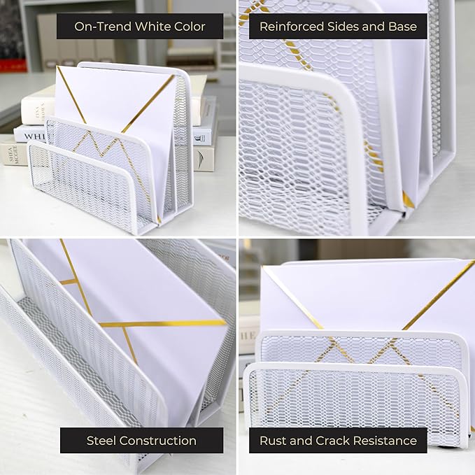 Blu Monaco White Metal Mesh Letter Sorter – 3-Slot Mail Organizer for Desk, Office & Home – Space-Saving Vertical Mail Holder for Envelopes, Documents & Files – Modern Desk Organizer
