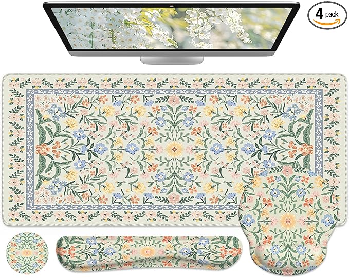 iCasso Desk Pad Mat, Large Mouse Pad and Keyboard Wrist Rest Set, Desk Protector Mat,4in1 Ergonomic Carpal Tunnel Keyboard Pad with Wrist Support for Desktop Cover Home Office Computer(Green Flowers)