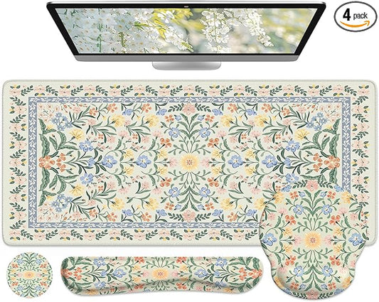 iCasso Desk Pad Mat, Large Mouse Pad and Keyboard Wrist Rest Set, Desk Protector Mat,4in1 Ergonomic Carpal Tunnel Keyboard Pad with Wrist Support for Desktop Cover Home Office Computer(Green Flowers)