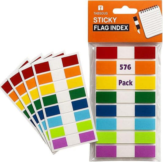 Tabsous 576 Sticky Tabs - Repositionable, Writable Index Tabs & Page Flags for Books, Files, and Notes - Transparent Colored Markers for Organizing, Highlighting, Classifying Documents (08 Colors)