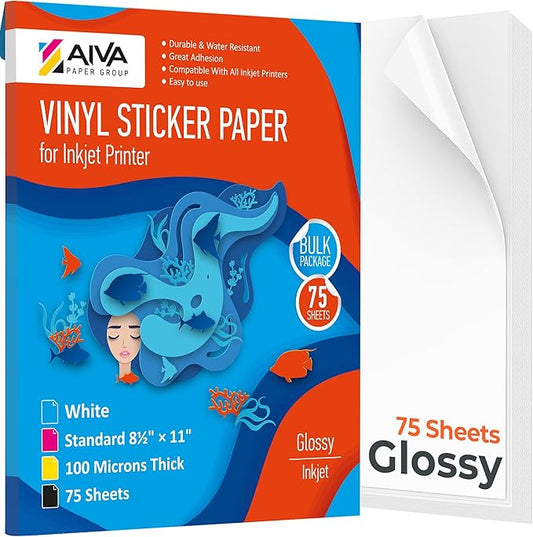 Printable Vinyl Sticker Paper - Waterproof Decal Paper for Inkjet Printer - 75 Self-Adhesive Sheets - Glossy White - Standard Letter Size 8.5"x11"