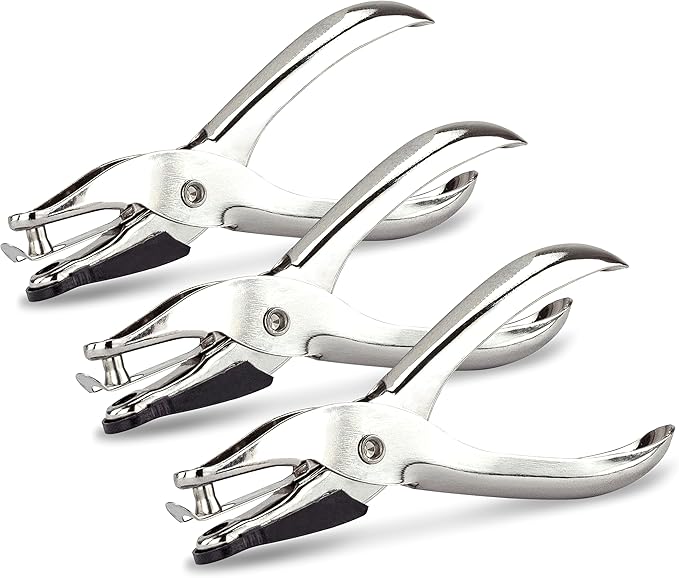 Rapesco 1739 Pack of 3 Single Hole Punch Pliers, 10 Sheet Capacity, Silver 1 Hole Puncher for ID Cards, Paper,Crafts, Art Projects, Easy Punching Card Stock and Chipboard