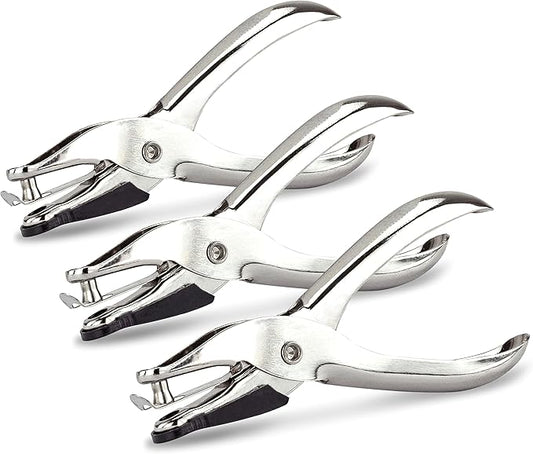 Rapesco 1739 Pack of 3 Single Hole Punch Pliers, 10 Sheet Capacity, Silver 1 Hole Puncher for ID Cards, Paper,Crafts, Art Projects, Easy Punching Card Stock and Chipboard