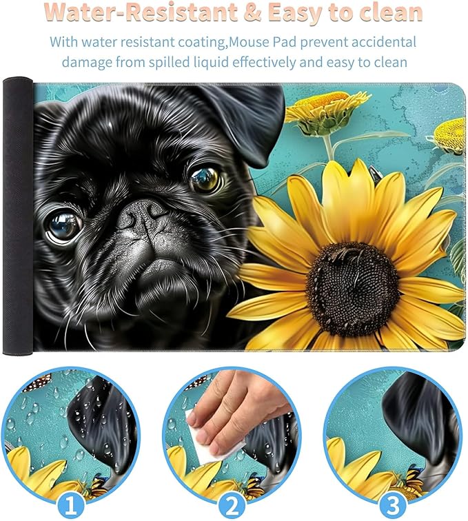 Desk Mat Large Gaming Mouse Pad (31.5x11.8 inch) with Stitched Edges, XL Mouse Pad +Coaster, Extended Mouse Mat Keybroad Mousepad Non-Slip Rubber for Gamer Men Women, Black Bulldog