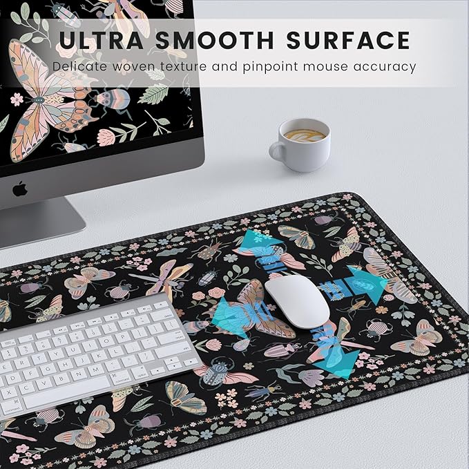 HAOCOO Desk Mouse Pad Cute, Big Mouse Mat for Gaming, Large Mousepad for Desk, Desk Mat for Keyboard and Mouse, Waterproof Desktop pad with Rubber Base, Butterfly Mouse Pad 35.4" X15.7"(Black)