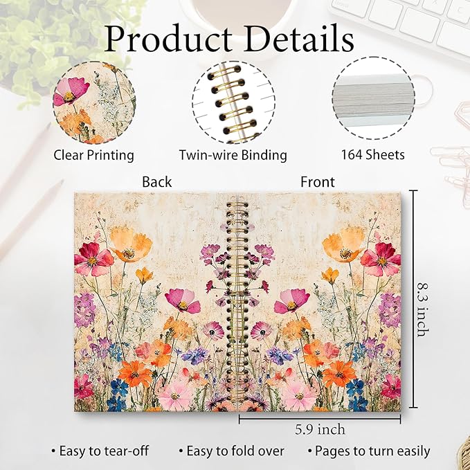 Vintage Floral Notebook Journal 5.5x8.3in, Cottagecore Wildflower Botanical Journal for Writing, Retro Floral Notebooks for Note Taking, Aesthetic Hardcover Spiral Notebook