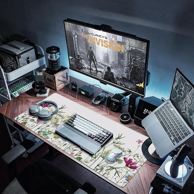 Desk Mat, Vintage Watercolor Flowers Extended Large Gaming Mouse Pad for Desk XXL, Non-Slip Rubber Base Stitched Edges Long Computer Keyboard Desk Pad Mouse Mat for Home Office Gaming 35.4"X15.7"