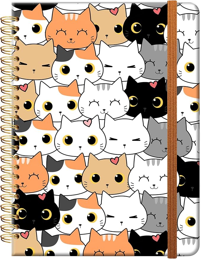 Ruled Spiral Writing Notebook,A5 Hardcover Lined College Journal for Women,Strong Twin-Wire Binding with Premium Paper,8.4" X 6",Perfect for School,Office,Home(Cute Cartoon Cat)