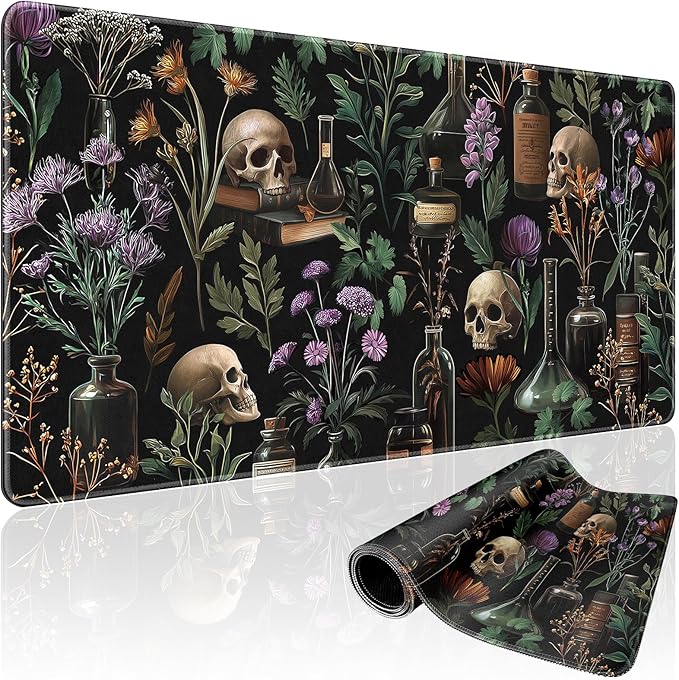 Large Gaming Mouse Pad 31.5x15.7 Inch, XXL Mousepad with Non-Slip Rubber Base & Stitched Edges, Extended Desk Mat for Computer/Laptop/Office/Home Goth Floral Black Mystical