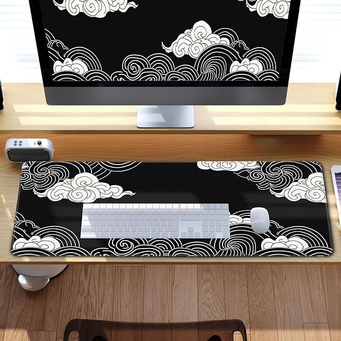 Black and White Mouse Pad Japanese Clouds Mouse Pad XL Anime Big Mouse Pads for Desk Large Gaming Large Mouse Pad for Men Desk Pad with Stitched Edges Non-Slip Large Computer Mat, 31.5x11.8 in