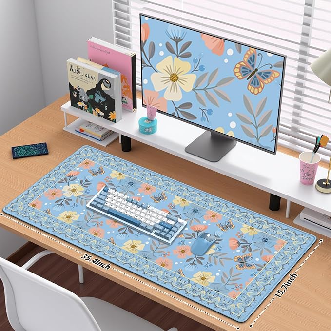Blue Floral Desk Mat, Large Desk Matt for Desktop, Cute Women Deskpad Mat, XXL Big Mouse Pad for Deskpc, Anti-Slip Mousepad with Stitched Edges, Keyboard Pad Mouse pat Cover for Computer 35.4×15.7 in
