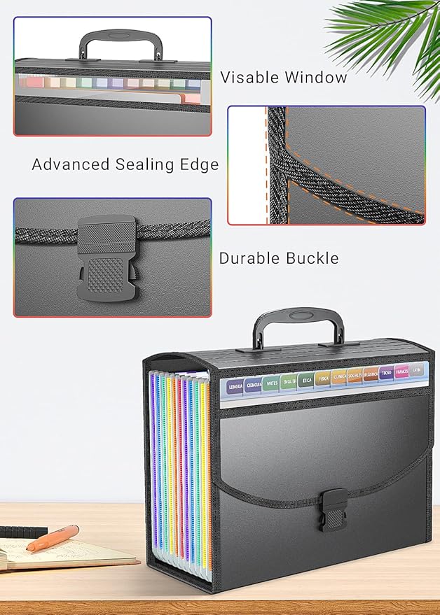 Accordion File Organizer,Portable Expanding File Folder with Handle,12 Pockets Accordion File Box,Visible Window for Quick Lookup,Colored Tabs,A4/Letter Size Documents Paper Bill Filing Organizer