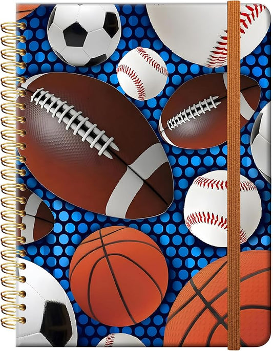 Ruled Spiral Writing Notebook,A5 Hardcover Lined College Journal for Women,Strong Twin-Wire Binding with Premium Paper,8.4" X 6",Perfect for School,Office,Home(Sport Baseball Football)
