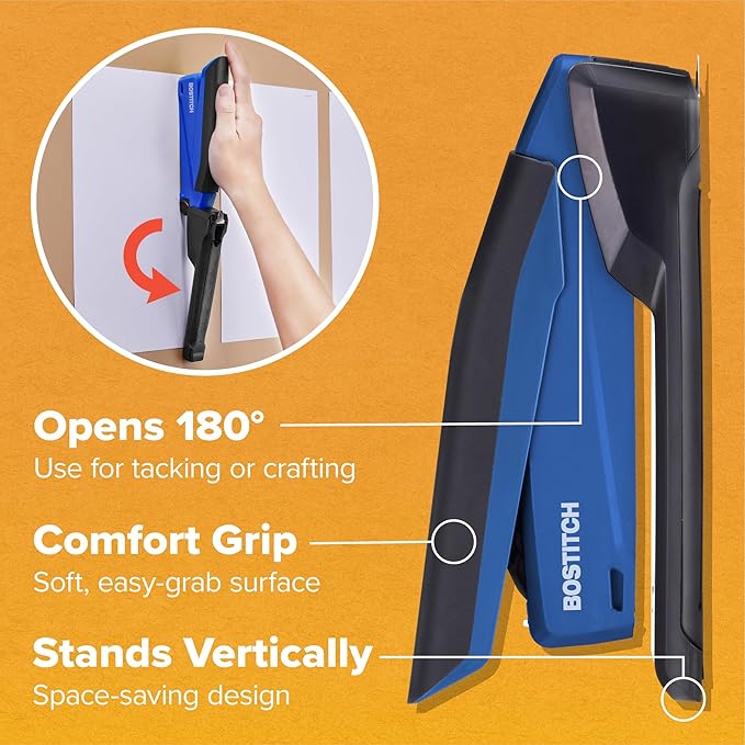 Bostitch Office InPower Spring-Powered Desktop Stapler, 20 Sheet Capcity, Built in Remover, Blue (1122)