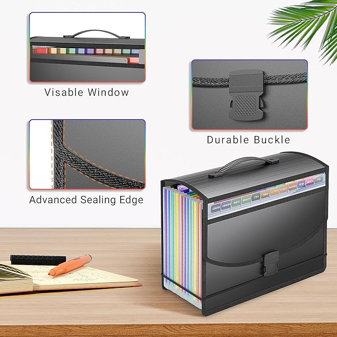 Accordion File Organizer with Handle,13 Pockets Expanding File Folder for Paper/Document/Bill,Portable Filing Box,Visible Window,Quick Search,Expandable Bottom,Large Capacity,A4/Letter Size