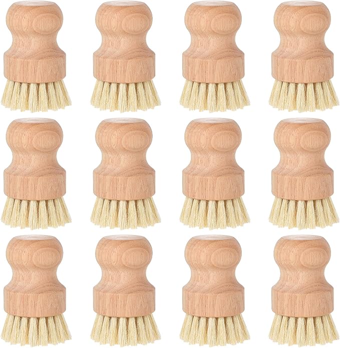 cobee 12Pcs Bamboo Dish Scrub Brushes, Kitchen Dishwashing Scrubber with Natural Sisal Bristles Round Wooden Dish Scrubber Brush for Iron Pot Pan Food Kitchen Sink Fruit Vegetable Wash