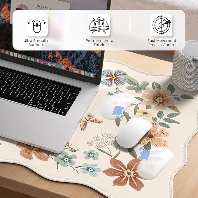 HAOCOO Scalloped Desk Matt for Desktop, Non-Slip Mouse Pad, Washable Cute Desk Pad Mat, Floral Keyboard Mat with Edge Stitching, Large Mouse Mat for Office Aesthetics, Home Decor(Beige)