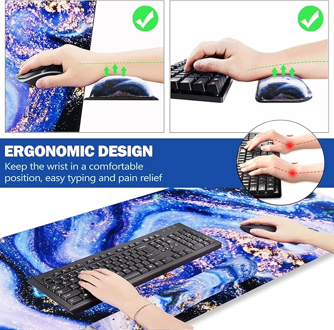 ARTSO Large Gaming Mouse Pad, Keyboard Wrist Rest Pad & Wrist Support Mousepad Set, Stitched Edge, Extended, Non-Slip Base, Memory Foam,Multifunctional Desk Mat 4pcs for Office & Home, Purple Marble