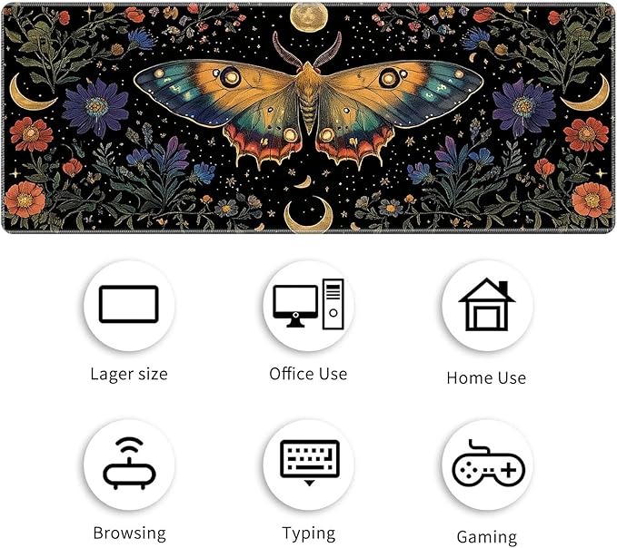 Desk Mat Large Gaming Mouse Pad (31.5x11.8 inch) with Stitched Edges, XL Mouse Pad +Coaster, Extended Mouse Mat Keybroad Mousepad Non-Slip Rubber for Gamer Men Women, Moth Moon Wild Flowers