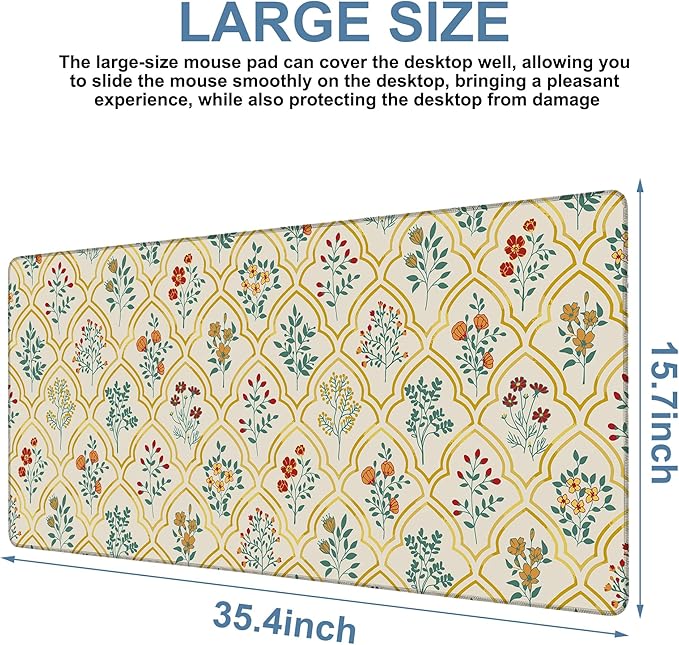 Large Mouse Pad Decorative Floral Gaming Desk Pad Computer Keyboard Non-Slip Waterproof Mouse Mat with Rubber Base and Stitched Edges Entertainment Office Writing Desk Mat 35.4 x 15.7 Inches
