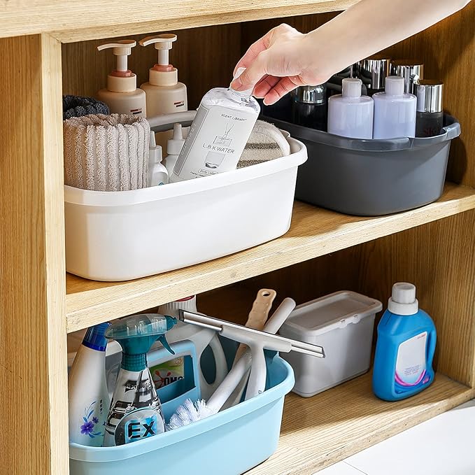 2 Pack Multi-Purpose Plastic Cleaning Caddy with Handle, Shower Caddy Organizer/Storage Basket/Totes Portable for Bathroom Supplies, Cleaning Products, Under Sink Tool, Housekeepers(White2)