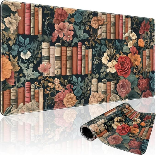 Vintage Library Floral Large Gaming Mouse Pad 31.5"x15.7"｜Books and Roses XXL Desk Mat, Non-Slip Rubber Base & Stitched Edges - Extended Waterproof Mousepad for PC/Laptop/Office/Home Decor