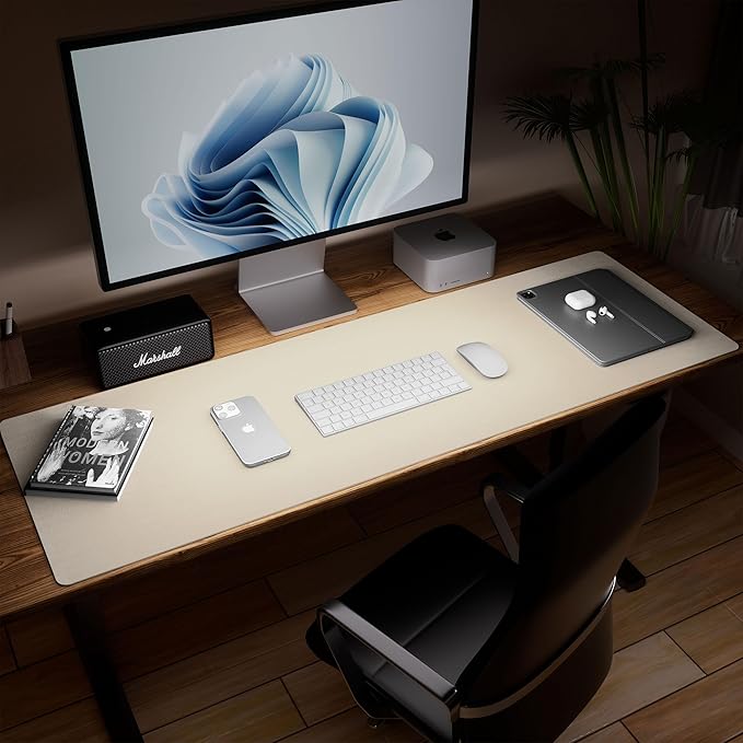 Aothia Leather Desk Pad Protector, Office Mat, Large Mouse Pad, Laptop Pad, Non-Slip PU Leather Blotter, Waterproof Writing Pad for Office and Home (Beige, 47" x 17")