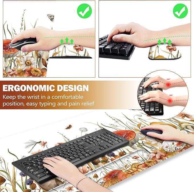ARTSO Large Gaming Mouse Pad, Keyboard Wrist Rest Pad & Wrist Support Mousepad Set, Stitched Edge, Extended, Non-Slip Base, Memory Foam Desk Mat for Office, Home, Mushroom Plants