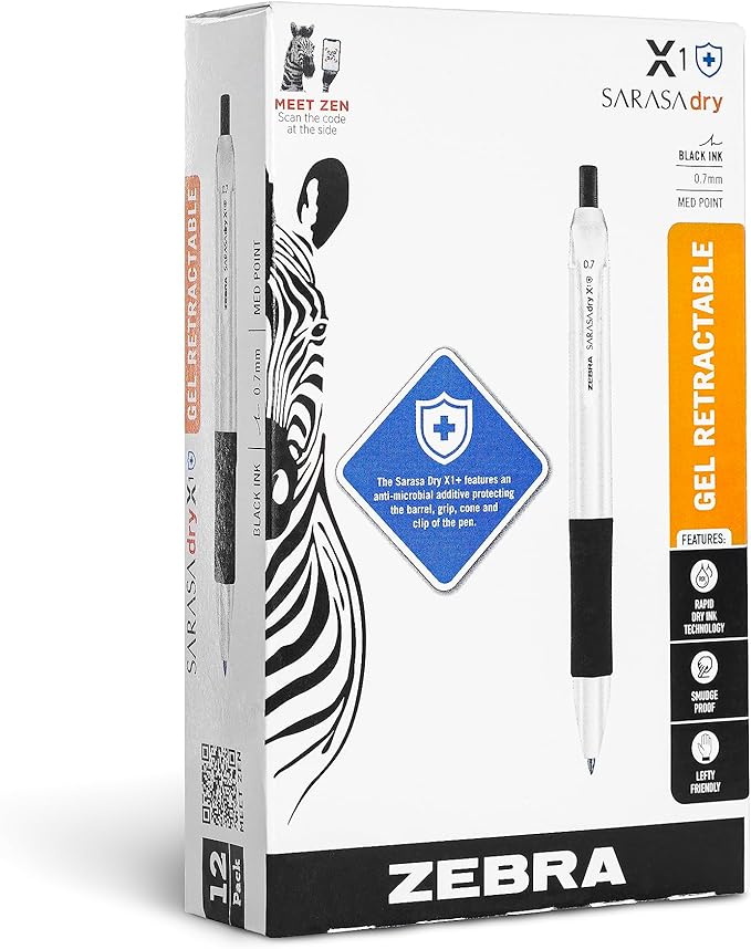 Zebra Pen Sarasa Dry X1+ Retractable Gel Pen, Plastic Barrel with Protective Coating, Medium Point, 0.7mm, Black Ink, 12-Pack