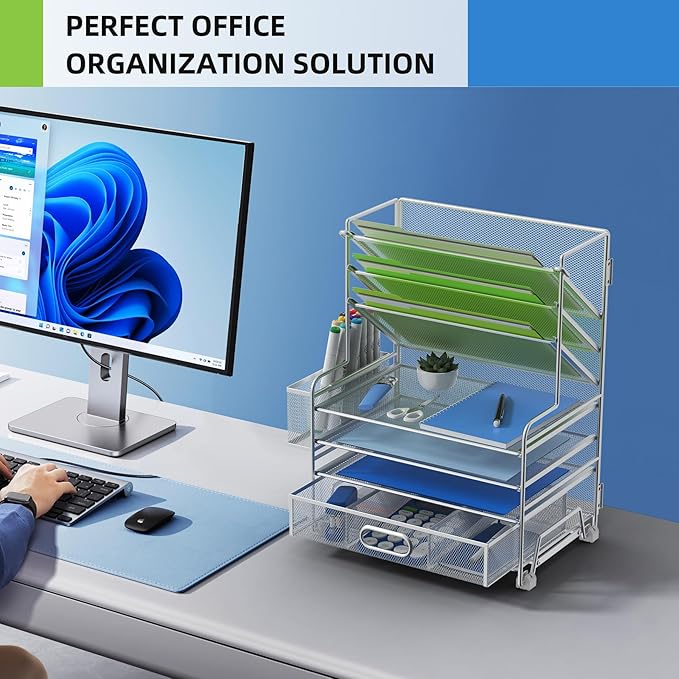 4-Tier Paper Organizer + 3-Pocket File Holder + Drawer + Pen Holders, Desktop File Organizers Paper Tray for Office Supplies School Classroom Organization (Silver, with Drawer & Pen Holder)
