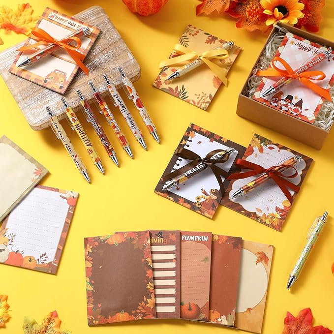 36 Pcs Fall Sticky Notes Include 12 Thanksgiving Notepads and 12 Pen and 12 Ribbon Fall Pumpkin Maple Leaf Turkey Self Adhesive Memo Pad for School Office Home Thanksgiving Gift