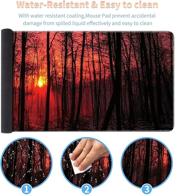 Desk Mat Large Gaming Mouse Pad (31.5x11.8 inch) with Stitched Edges, XL Mouse Pad +Coaster, Extended Mouse Mat Keybroad Mousepad Non-Slip Rubber for Gamer Men Women, Sunset Nature Forest