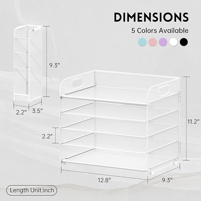 SUPEASY 5 Tier Desk Organizer with Handle & Removable Pen Holders, Mesh Paper/File Organizer for Desk, Paper Letter Tray Organizer for Office Supplies (White)