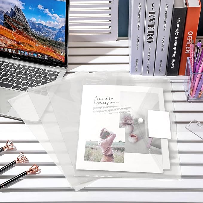 Yeaqee 50 Pcs Plastic Envelopes Poly Envelopes File Folders with Snap Button Closure Clear Folders for Documents US Letter A4 Size Filing Holder with Label Pocket for Home Office School(Transparent)