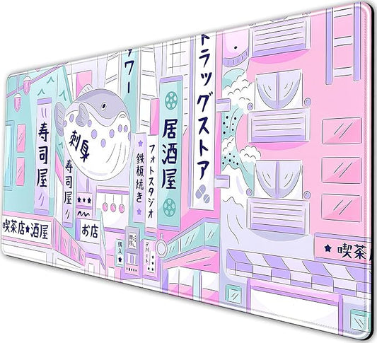 Pastel Tokyo Street Cute Desk Mat - Kawaii Anime Japanese Large Gaming Mousepad - Beige Desktop Laptop Keyboard Mouse Pad - City Aesthetics for Women Girl 31.5x15.75 in