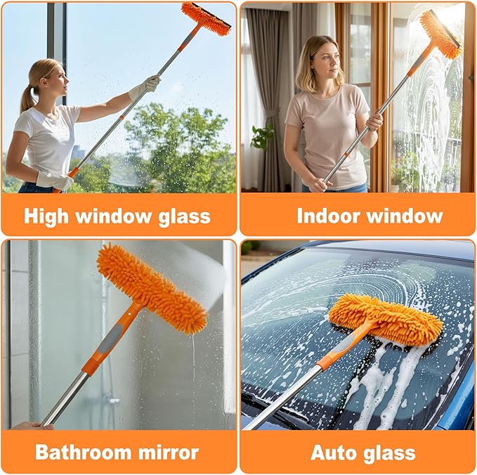 Lemosyu 3-in-1 Window Cleaner Tool with Rotating Head,67" Window Squeegee with Extension Pole, Window Cleaning Squeegee Kit for Indoor & Outdoor High Windows and Car Glass