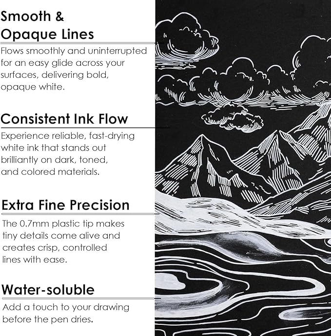 Grabie 6 White Extra Fine Tip Acrylic Paint Marker Set, 6 Pack, 0.7mm Acrylic Paint Pens for Highlights, Highlight Markers (6 White Acrylic Markers)