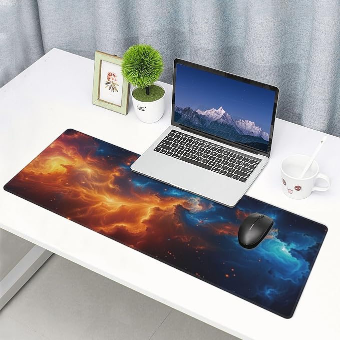 Cosmic Fire and Ice Nebula Large Mouse Pad, Gaming Desk Mat, XL Keyboard Desk Pad Mat for Desktop, 31.5"x11.8" Non-Slip Base Big Mousepad with Stitched Edges